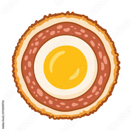 Delicious fried egg with a sausage ring and a crispy breadcrumb crust.