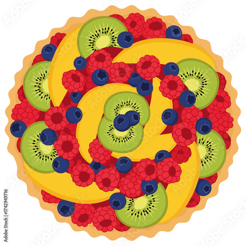 Delicious Fruit Tart with Berries and Kiwi Slices.