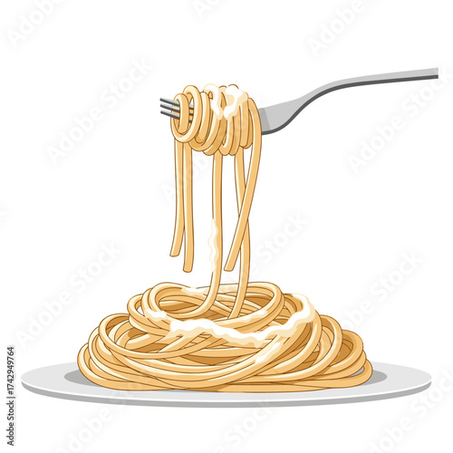 Delicious spaghetti pasta dish with creamy sauce on a white plate.
