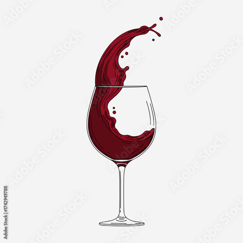 Dynamic splash of red wine in a classic wineglass illustration.