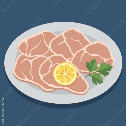 Plate of raw meat cutlets with lemon and parsley garnish.