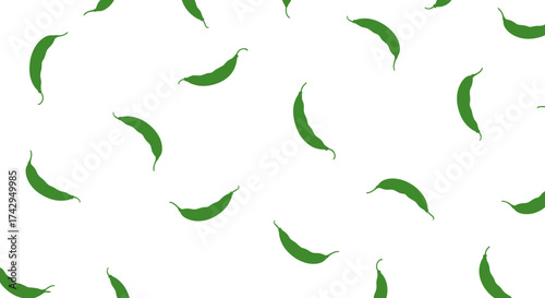 Scattered Green Pea Pods on White Background.