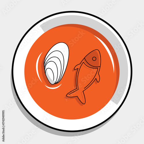 Seafood soup with fish and mussel in a white bowl.