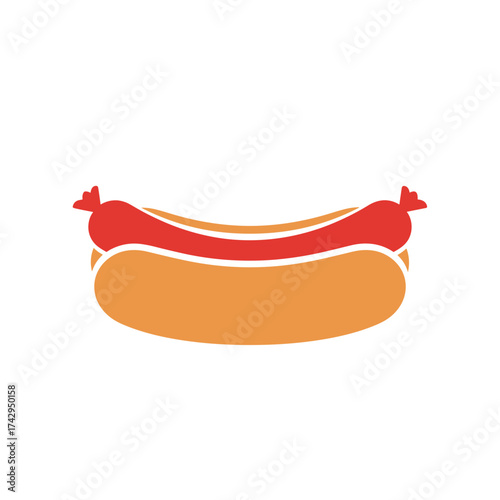 Stylized Hot Dog with Red Sausage and Orange Bun Illustration.