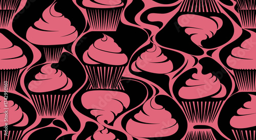 Stylized Pink Cupcakes with Swirling Black Background Pattern.