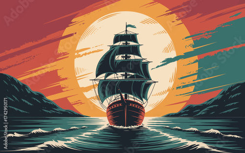Majestic Sailing Ship Navigating the Ocean at Sunset with Dramatic Sky and Coastal Landscape Illustration