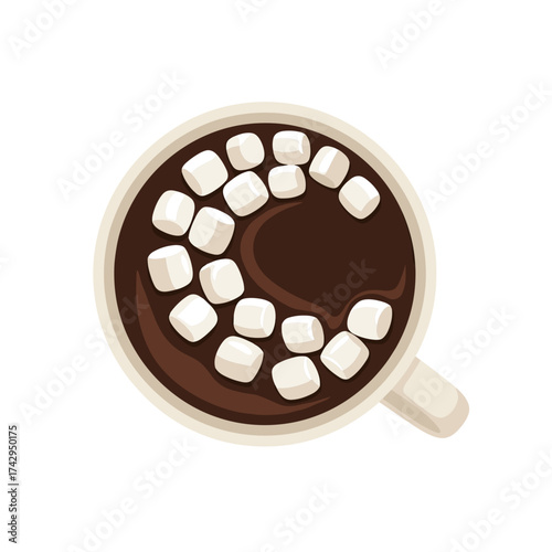 Top down view of a hot chocolate mug with marshmallows forming the letter C.