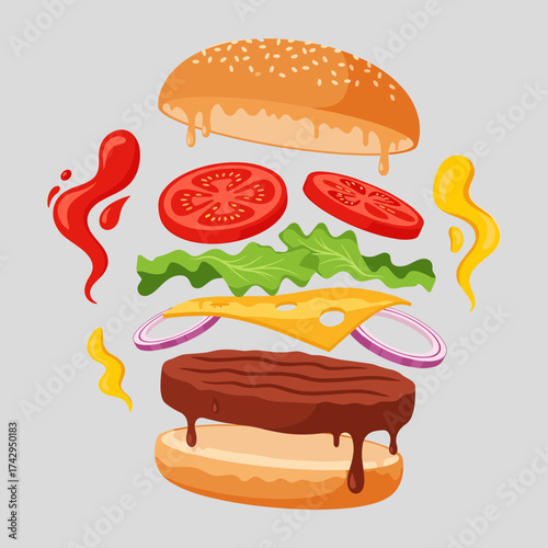 Vector Illustration of a Deconstructed Cheeseburger with Ingredients.