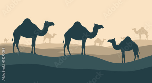 Three Silhouetted Camels Standing on Desert Dunes Under a Hazy Sky.