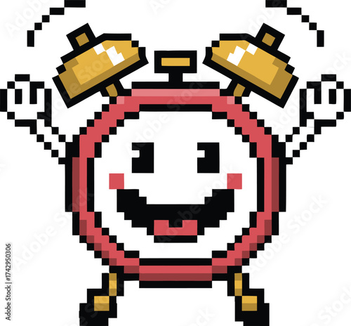 Retro pixel art alarm clock character with a happy face