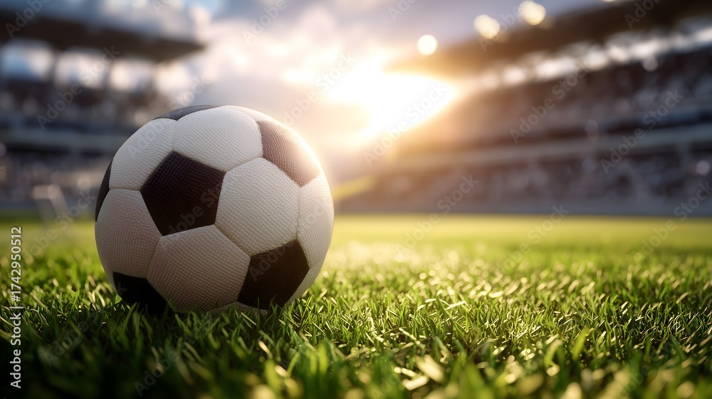 Fototapeta premium Soccer Ball on Field During Sunset at Empty Stadium
