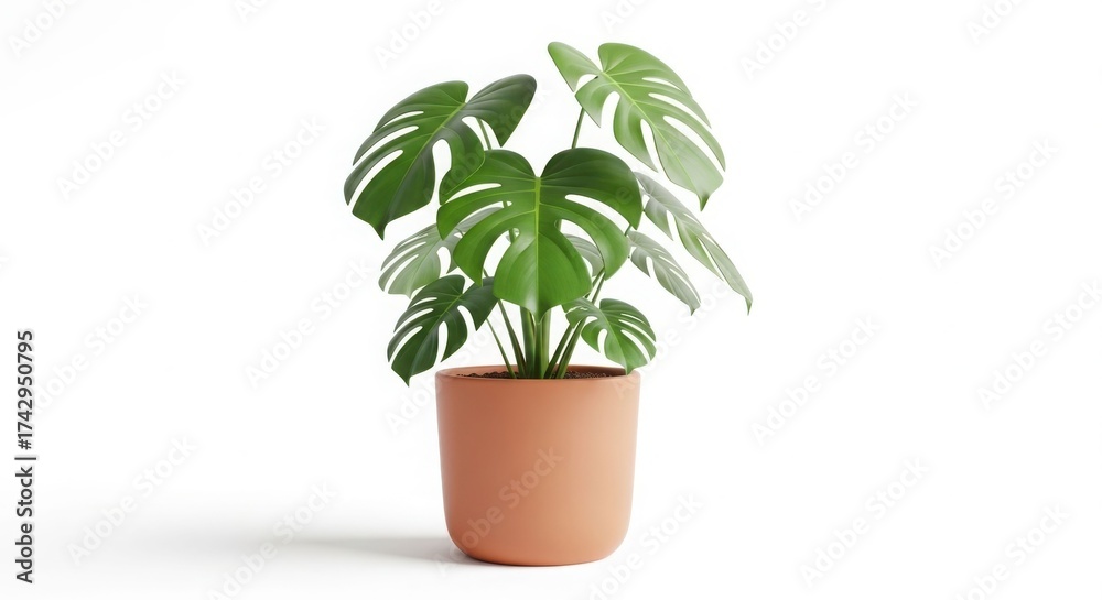 Obraz premium A Monstera deliciosa plant with vibrant green leaves in a terracotta pot, isolated on a white background.