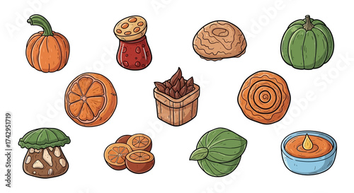 Delightful hand-drawn collection of fresh produce, pantry staples, and baked goods, ideal for culinary themes and healthy eating concepts