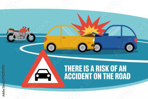 Road Safety Awareness Illustration with Car Accident and Motorcycle Warning Sign Emphasizing Risk on the Road