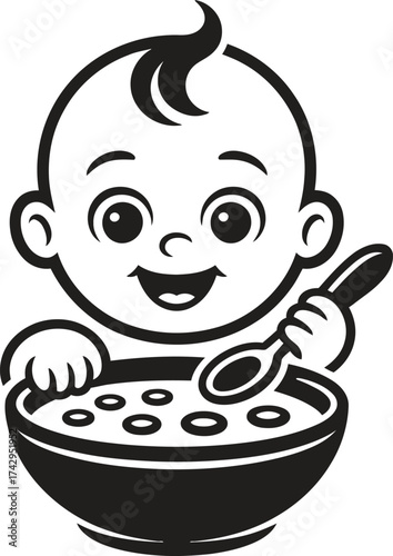 Happy baby eating cereal from a bowl with a spoon