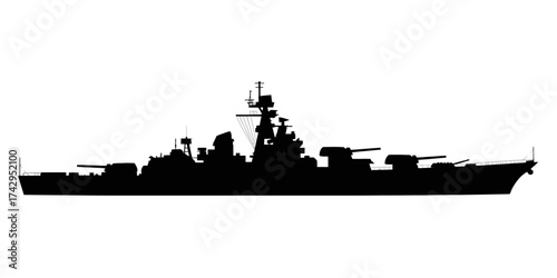 Silhouette of a Battleship on a White Background Heavy Artillery Warship Black Shape Isolated Naval Vessel Illustration