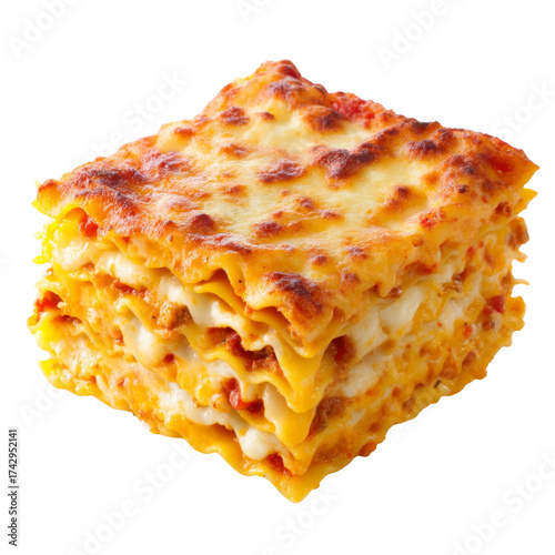 Delicious Layered Italian Lasagna with Cheese and Meat Sauce on a White Background