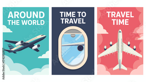 Vector Illustration of Travel Banners Promoting Global Tourism with Airplane Designs and Inspiring Travel Time Message Aimed at Travel Enthusiasts