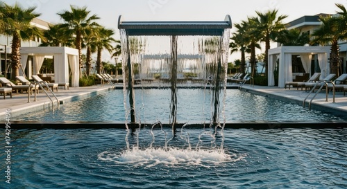 Luxurious resort pool with waterfall, palm trees, cabanas, and lounge chairs