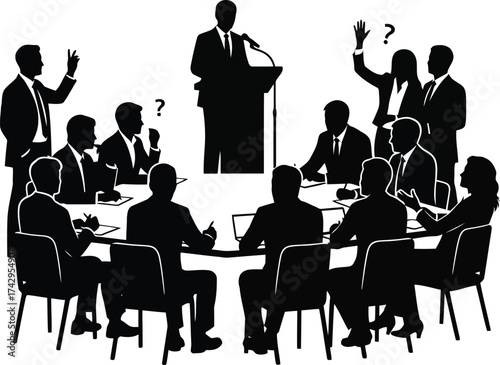 Business meeting presentation speaker addressing group of people at tables discussion event vector