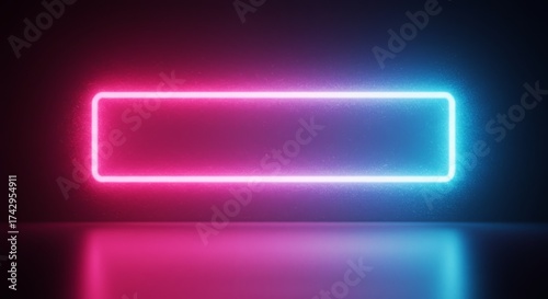 A neon rectangular frame with a gradient from pink to blue, set against a dark reflective surface that mirrors the glowing lights, creating a vibrant futuristic look.