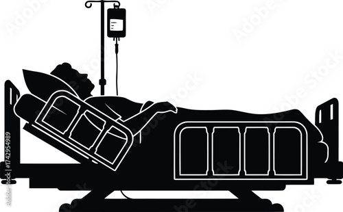 Silhouette of patient in hospital bed with iv drip care treatment medical healthcare concept vector
