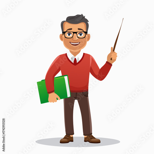Funny cartoon vector illustration of a successful businessman character with sword, fishing rod, and net, symbolizing a multi-talented worker