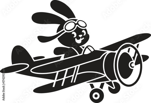 Cute cartoon rabbit wearing goggles flying an old fashioned airplane