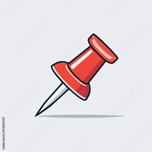 A vibrant red push pin is an isolated office icon ready to attach a note or paper to a board