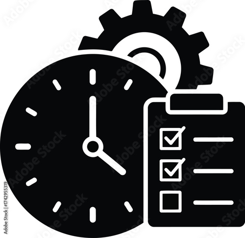 Time management planning productivity workflow efficiency clock gear checklist task completion vector