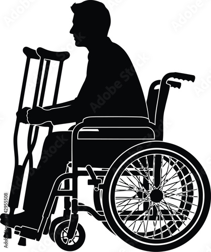 Silhouette of person with crutches in wheelchair mobility aid accessible disabled senior support concept vector
