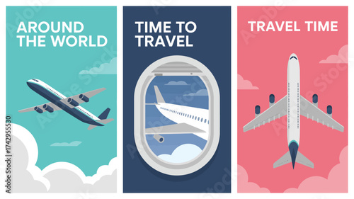Three Travel Banner Designs Featuring Airplanes and the Invitation to Explore the World During Travel Time