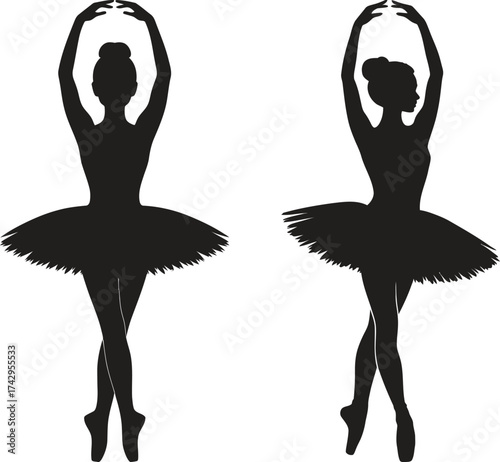 Silhouette of two ballerinas in graceful poses on pointe shoes