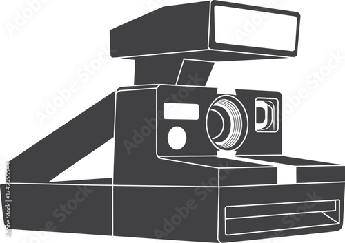 Retro instant camera silhouette with flash and lens