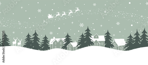 Christmas Background. Seamless Border. Winter Village. Landscape. Santa Claus is Riding Across Sky on Deer with Plume. White Houses Silhouettes, Dark Green Fir Trees on Light Green Background. Vector