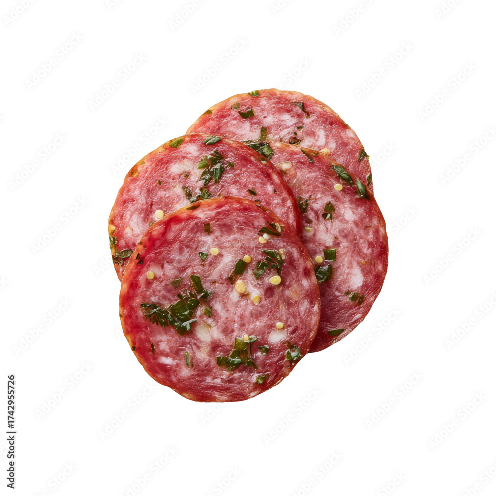 Obraz premium Close-Up View of Sliced Italian Salami with Herbs on a Isolated Background