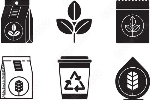 Silhouette icon set of biodegradble packaging. Flat black vector design
