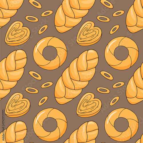 Bun, braid, bagel, simit, seamless pattern, vector illustration. Bakery products. Doodle style.
