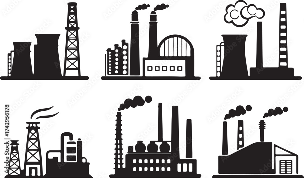 Obraz premium Silhouette icon set of carbon capture machines. Flat black vector design