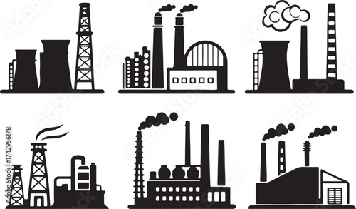 Silhouette icon set of carbon capture machines. Flat black vector design