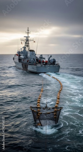 Military frigate towing a large sonar array through the rough sea as part of naval exercise. Warship performing anti submarine warfare drill.