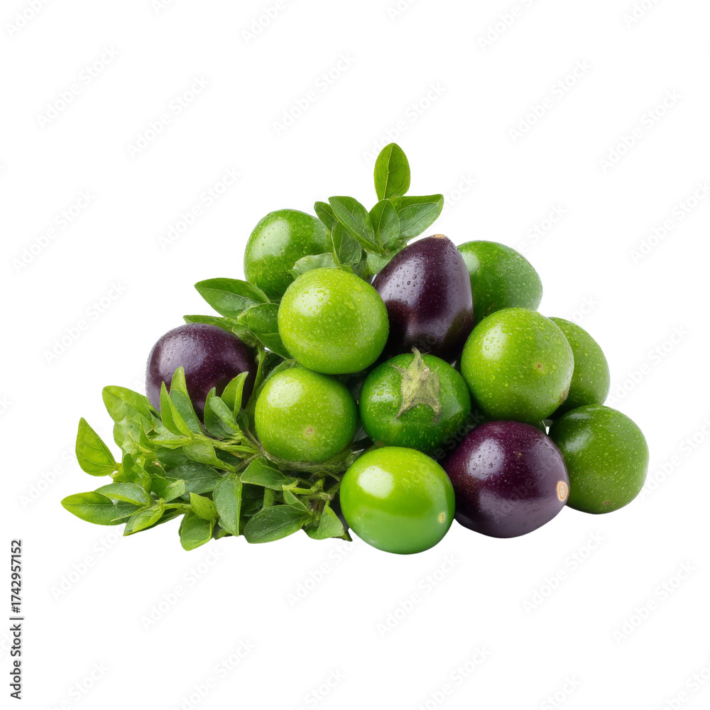 Obraz premium Freshly Harvested Green and Purple Fruits with Leaves Piled Together for Organic Food Background and Healthy Lifestyle Visuals