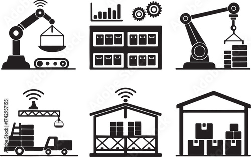 Silhouette icon set of robotic warehouse systems. Flat black vector design
