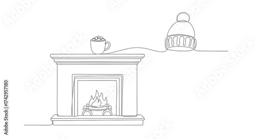 Cozy Fireplace Scene Illustration of a Fireplace with a Cup of Cocoa and a Winter Hat, Embracing Warmth