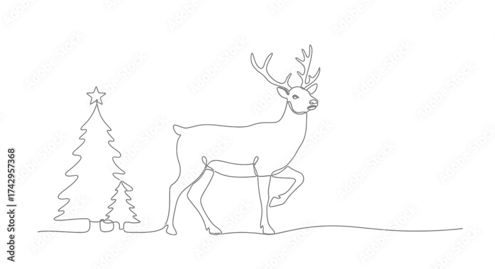 Fototapeta premium Minimalist Christmas illustration A one-line drawing of a reindeer with Christmas tree, simple design for festive holiday decorations