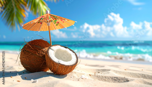 Wallpaper Mural Tropical refreshment concept with coconut and umbrella, creative summer composition for drink ads, vacation designs, and exotic lifestyle themes. Torontodigital.ca