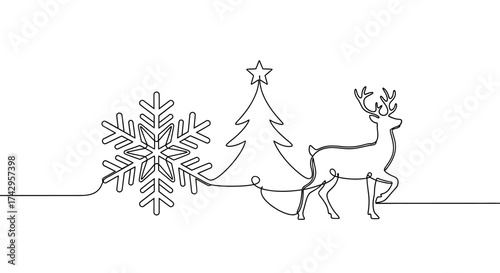 A continuous one line drawing of a Christmas concept. A reindeer pulls a tree and snowflake. Minimalist illustration for festive seasonal design
