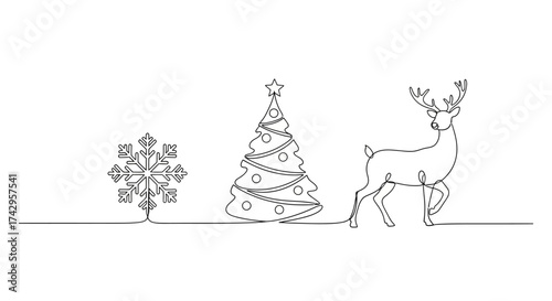 Continuous one line drawing of a festive Christmas composition with a snowflake, decorated tree, and reindeer. Minimalist winter holiday vector art