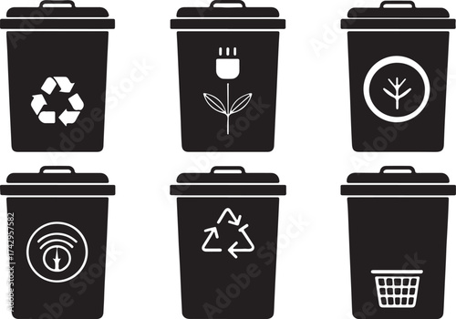 Silhouette icon set of smart recycling bins