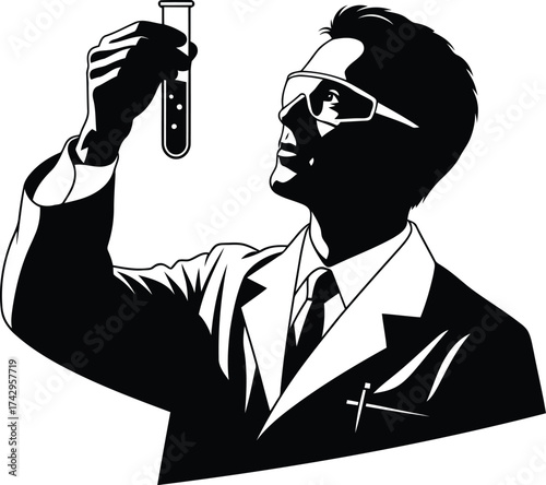 Scientist holding test tube examining liquid in laboratory research science experiment discovery vector